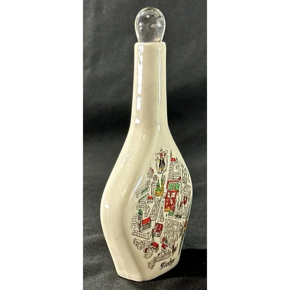 München Germany Ceramic Decanter Bottle with Map Design & Glass Stopper 6”